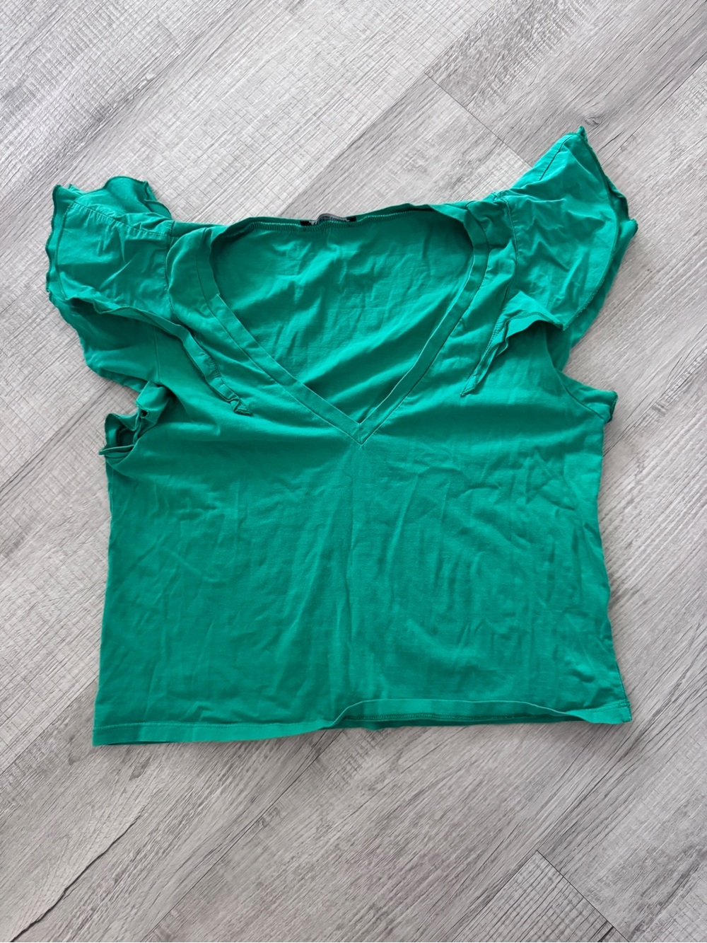 Zara Green Ruffle Sleeve V-Neck Top Womens Small Short Sleeve Blouse